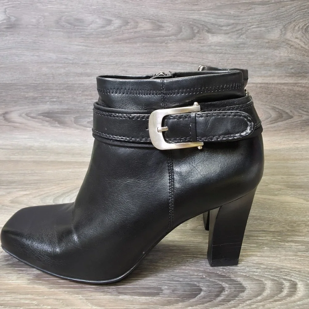 Franco Sarto Booties Womens‎ 7M Black Square Toe Buckle Ankle Heeled Moto Biker